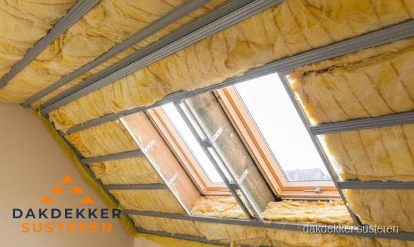 Schuin dak isoleren met glaswol bij dakraam in Susteren
