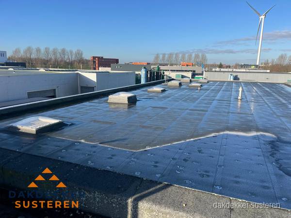 Plat dak bedrijfspand met bitumen dakbedekking en lichtkoepels in Susteren Plat dak bedrijfspand met bitumen dakbedekking en lichtkoepels in Susteren